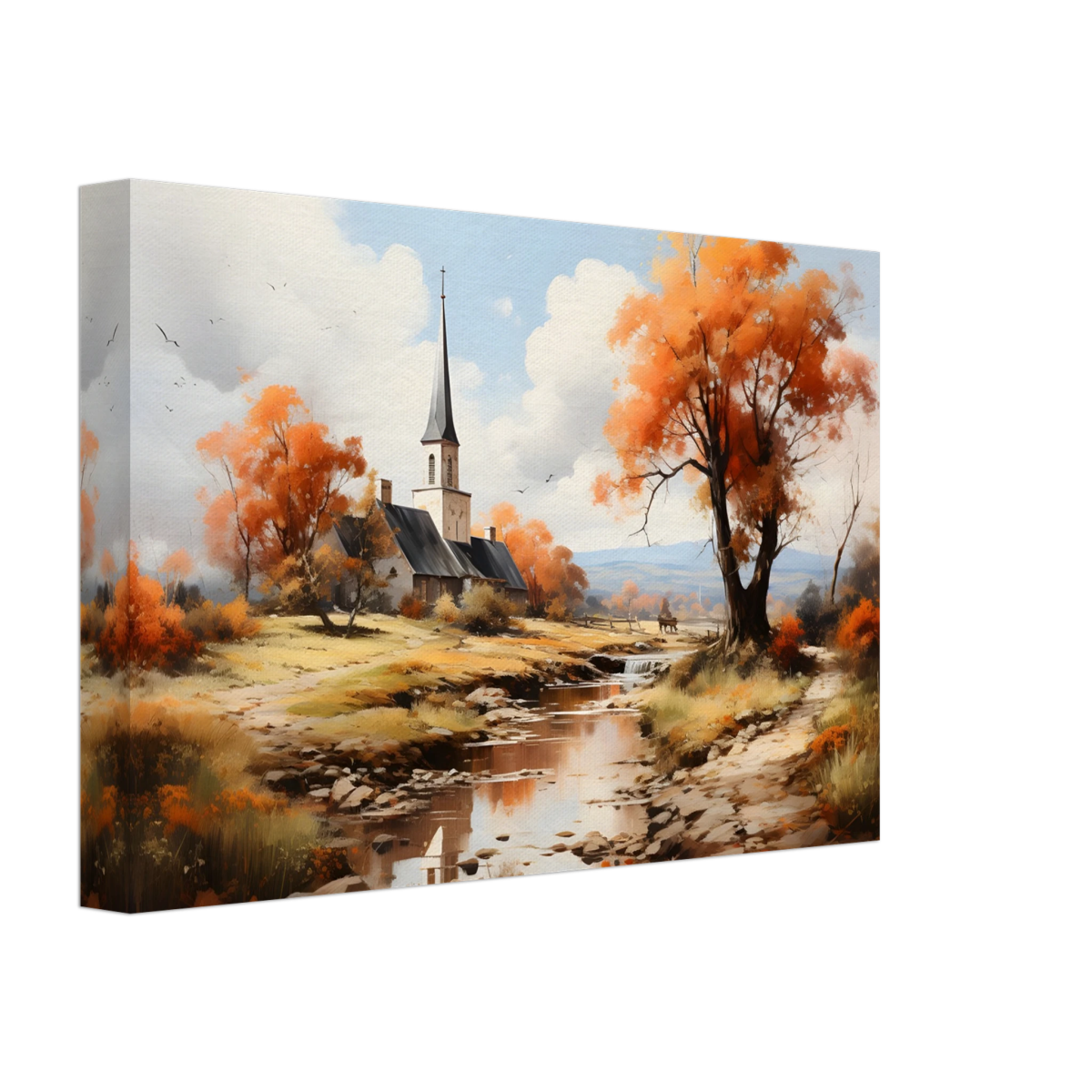 Autumn Serenity by the Chapel – Countryside Landscape Wall Art Print - Canvas - 20x30 cm / 8x12″ - 
