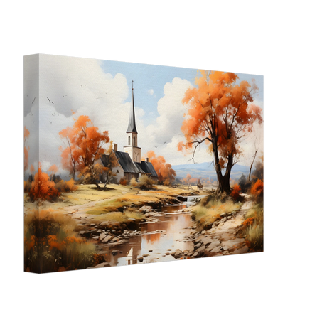 Autumn Serenity by the Chapel – Countryside Landscape Wall Art Print - Canvas - 20x30 cm / 8x12″ - 