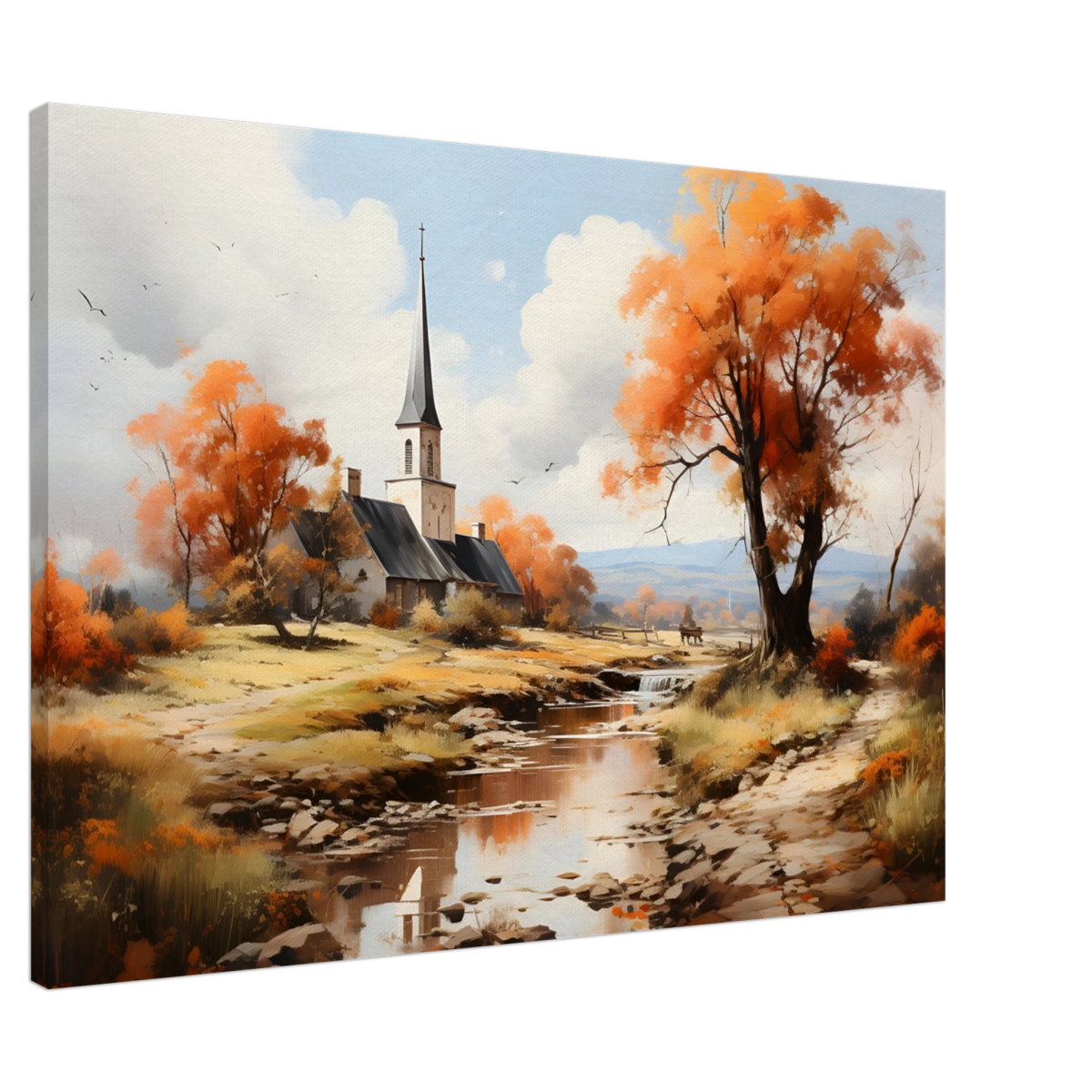 Autumn Serenity by the Chapel – Countryside Landscape Wall Art Print - Canvas - 70x100 cm / 28x40″ - 