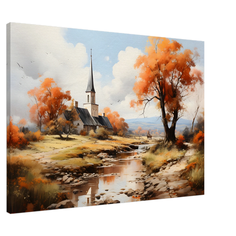 Autumn Serenity by the Chapel – Countryside Landscape Wall Art Print - Canvas - 70x100 cm / 28x40″ - 
