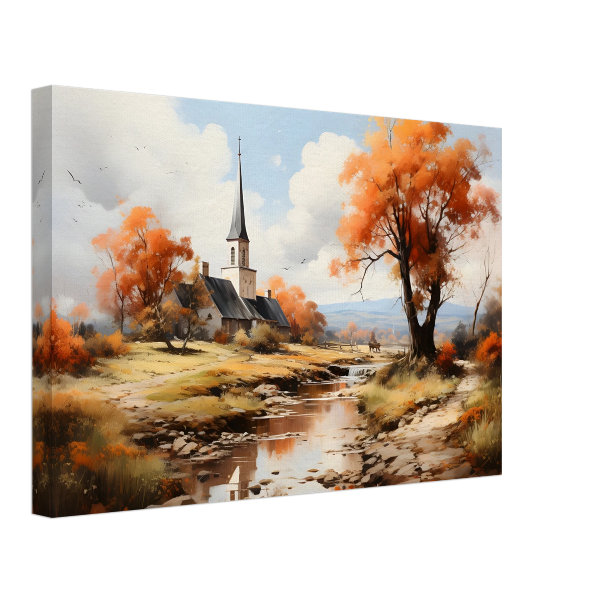 Autumn Serenity by the Chapel – Countryside Landscape Wall Art Print - Canvas - 30x45 cm / 12x18″ - 