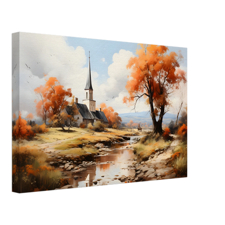 Autumn Serenity by the Chapel – Countryside Landscape Wall Art Print - Canvas - 30x45 cm / 12x18″ - 