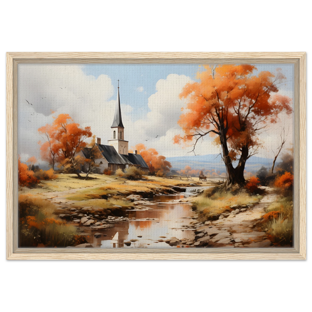 Autumn Serenity by the Chapel – Countryside Landscape Wall Art Print - Framed Canvas - 40x60 cm / 16x24″ - Wood frame