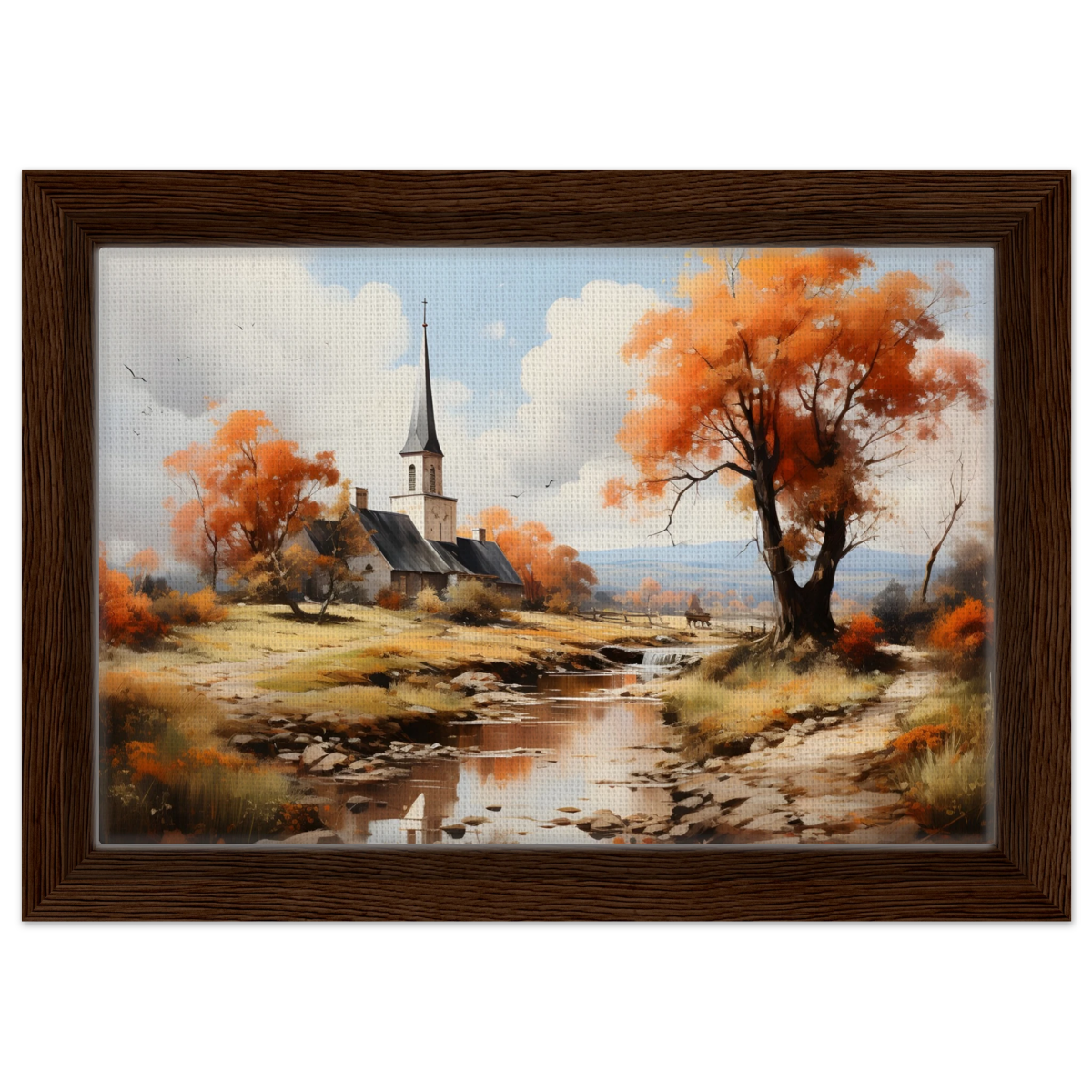 Autumn Serenity by the Chapel – Countryside Landscape Wall Art Print - Framed Canvas - 20x30 cm / 8x12″ - Dark wood frame