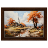 Autumn Serenity by the Chapel – Countryside Landscape Wall Art Print - Framed Canvas - 20x30 cm / 8x12″ - Dark wood frame
