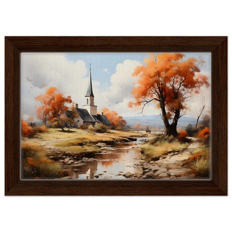 Autumn Serenity by the Chapel – Countryside Landscape Wall Art Print - Framed Canvas - 20x30 cm / 8x12″ - Dark wood frame