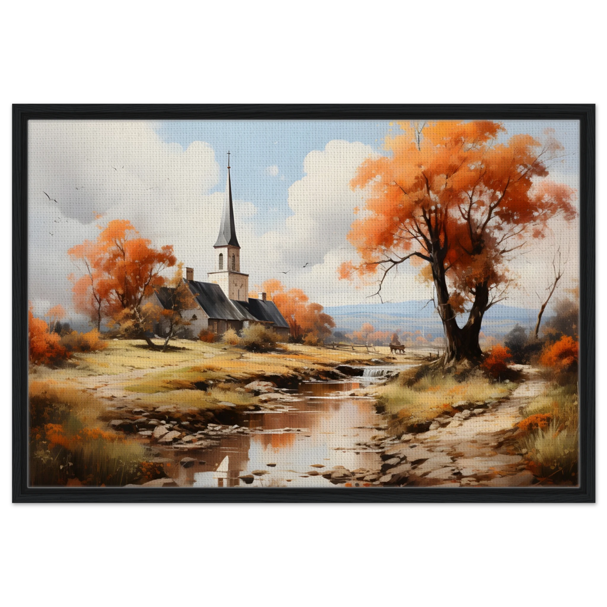 Autumn Serenity by the Chapel – Countryside Landscape Wall Art Print - Framed Canvas - 60x90 cm / 24x36″ - Black frame
