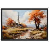 Autumn Serenity by the Chapel – Countryside Landscape Wall Art Print - Framed Canvas - 60x90 cm / 24x36″ - Black frame