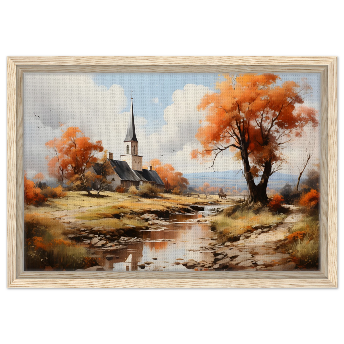 Autumn Serenity by the Chapel – Countryside Landscape Wall Art Print - Framed Canvas - 30x45 cm / 12x18″ - Wood frame