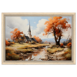 Autumn Serenity by the Chapel – Countryside Landscape Wall Art Print - Framed Canvas - 30x45 cm / 12x18″ - Wood frame