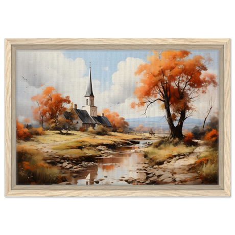 Autumn Serenity by the Chapel – Countryside Landscape Wall Art Print - Framed Canvas - 30x45 cm / 12x18″ - Wood frame