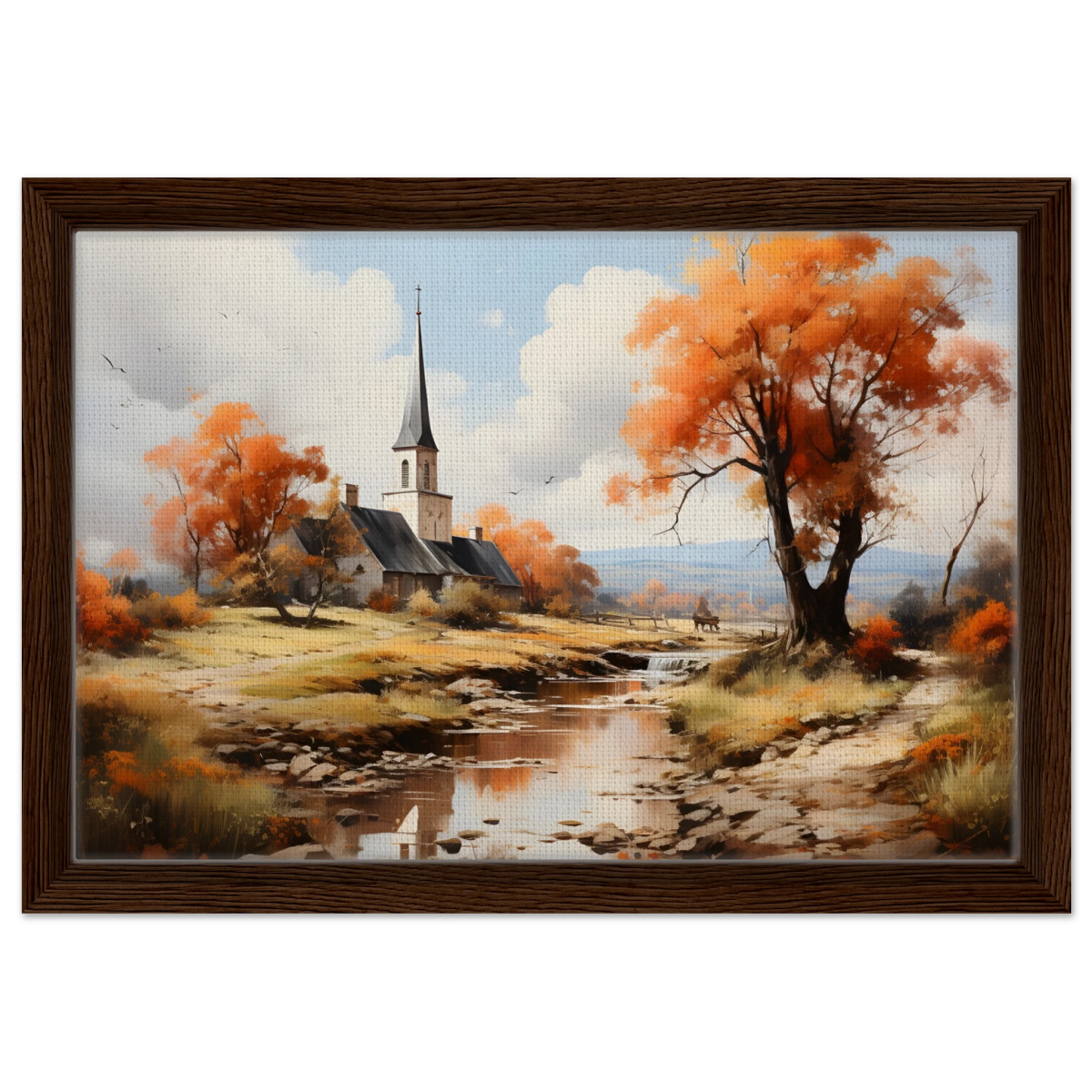 Autumn Serenity by the Chapel – Countryside Landscape Wall Art Print - Framed Canvas - 30x45 cm / 12x18″ - Dark wood frame