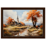 Autumn Serenity by the Chapel – Countryside Landscape Wall Art Print - Framed Canvas - 30x45 cm / 12x18″ - Dark wood frame