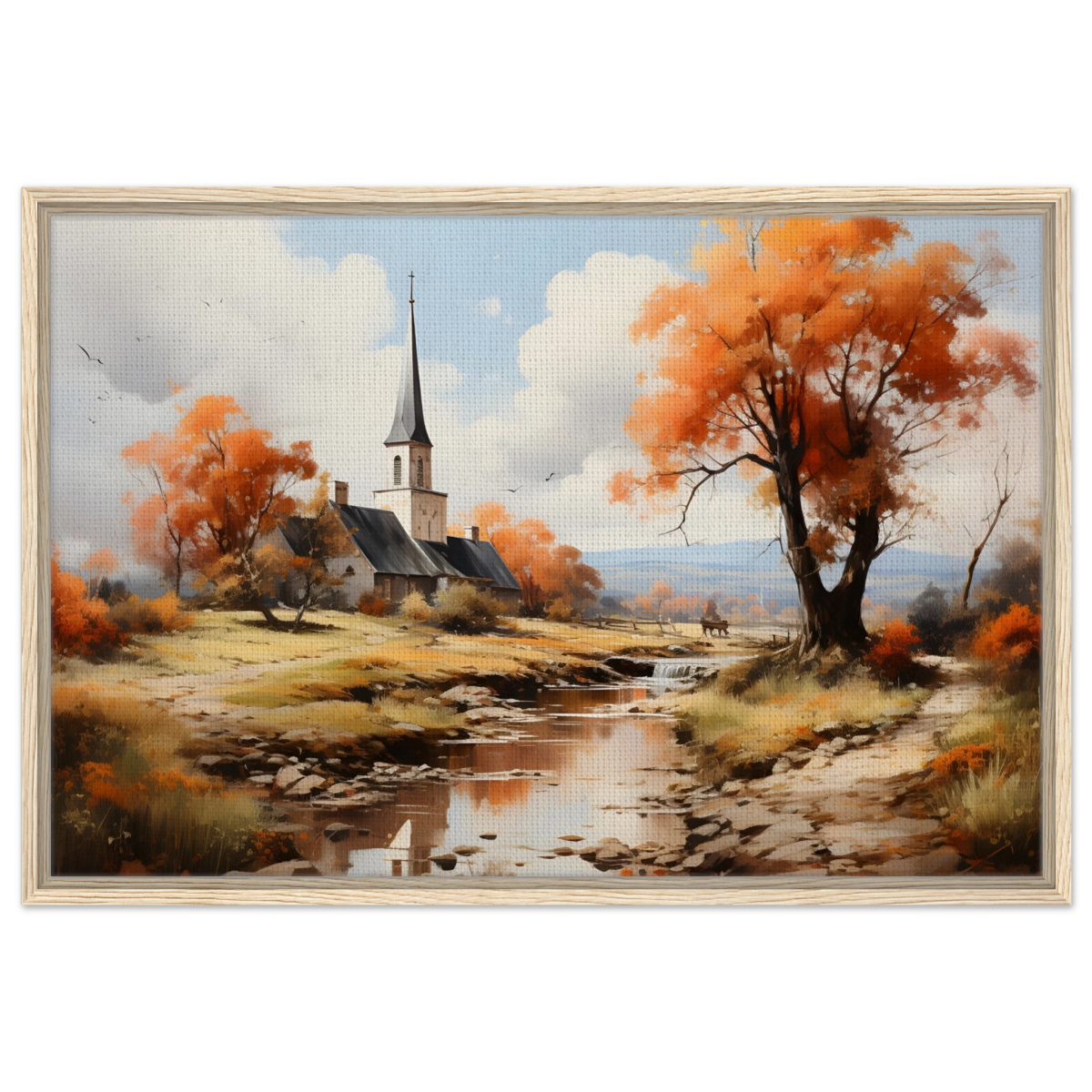 Autumn Serenity by the Chapel – Countryside Landscape Wall Art Print - Framed Canvas - 60x90 cm / 24x36″ - Wood frame
