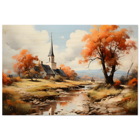 Autumn Serenity by the Chapel – Countryside Landscape Wall Art Print - Wood Prints - 60x90 cm / 24x36″ - 
