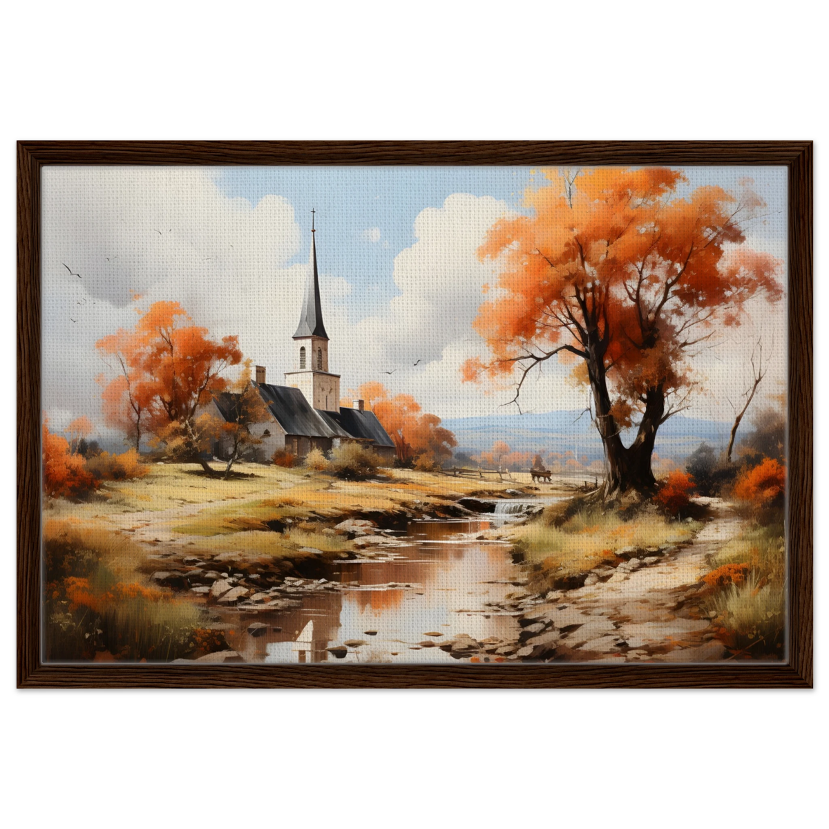 Autumn Serenity by the Chapel – Countryside Landscape Wall Art Print - Framed Canvas - 50x75 cm / 20x30″ - Dark wood frame