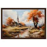 Autumn Serenity by the Chapel – Countryside Landscape Wall Art Print - Framed Canvas - 50x75 cm / 20x30″ - Dark wood frame
