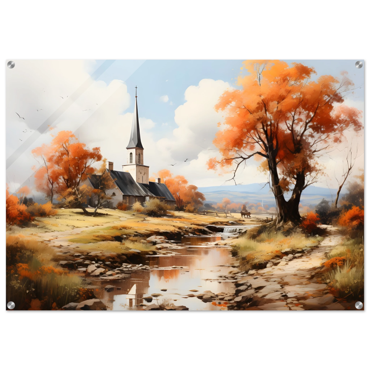 Autumn Serenity by the Chapel – Countryside Landscape Wall Art Print - Acrylic Print - 70x100 cm / 28x40″ - 