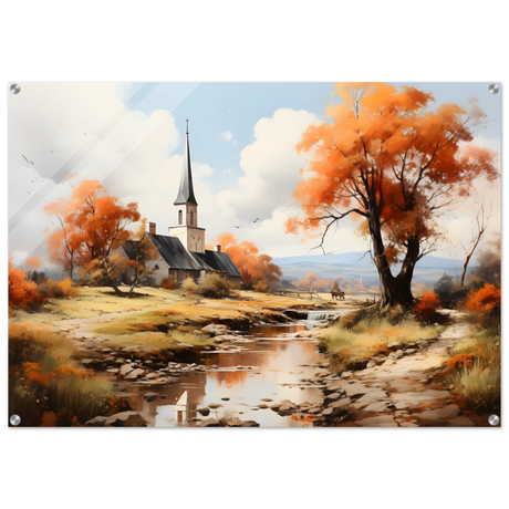 Autumn Serenity by the Chapel – Countryside Landscape Wall Art Print - Acrylic Print - 70x100 cm / 28x40″ - 