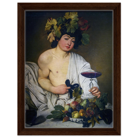 Bacchus (c. 1596) by Michelangelo Merisi da Caravaggio | Wall art Print | Vintage Collection - Framed Canvas - 30x40 cm / 12x16″ - Dark wood frame