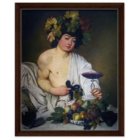 Bacchus (c. 1596) by Michelangelo Merisi da Caravaggio | Wall art Print | Vintage Collection - Framed Canvas - 40x50 cm / 16x20″ - Dark wood frame