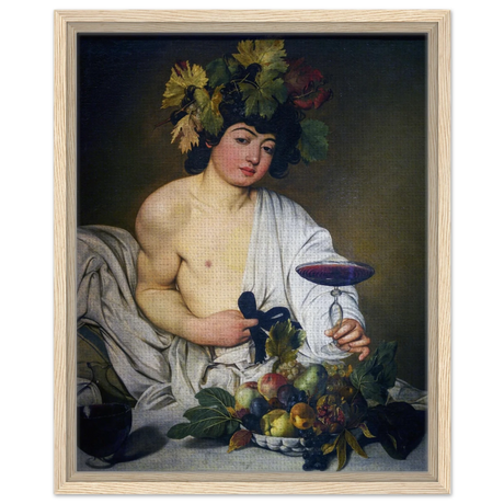Bacchus (c. 1596) by Michelangelo Merisi da Caravaggio | Wall art Print | Vintage Collection - Framed Canvas - 40x50 cm / 16x20″ - Wood frame