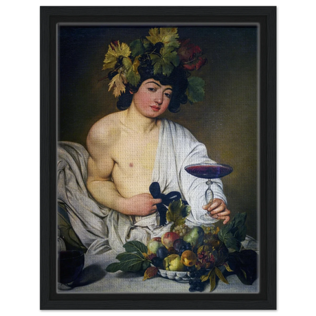 Bacchus (c. 1596) by Michelangelo Merisi da Caravaggio | Wall art Print | Vintage Collection - Framed Canvas - 30x40 cm / 12x16″ - Black frame