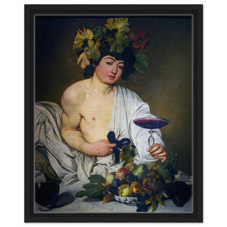 Bacchus (c. 1596) by Michelangelo Merisi da Caravaggio | Wall art Print | Vintage Collection - Framed Canvas - 40x50 cm / 16x20″ - Black frame