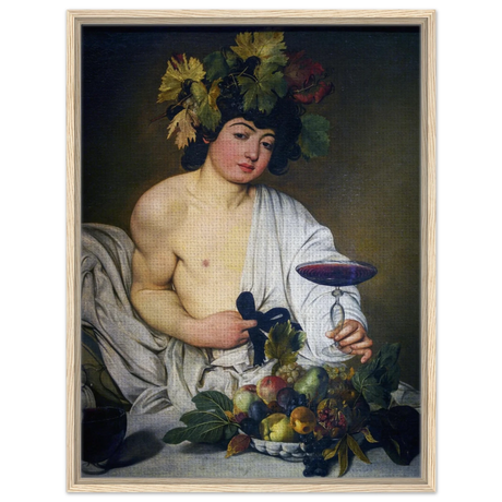 Bacchus (c. 1596) by Michelangelo Merisi da Caravaggio | Wall art Print | Vintage Collection - Framed Canvas - 60x80 cm / 24x32″ - Wood frame