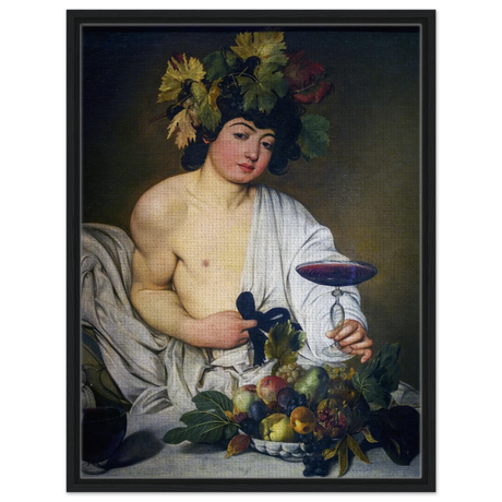 Bacchus (c. 1596) by Michelangelo Merisi da Caravaggio | Wall art Print | Vintage Collection - Framed Canvas - 60x80 cm / 24x32″ - Black frame