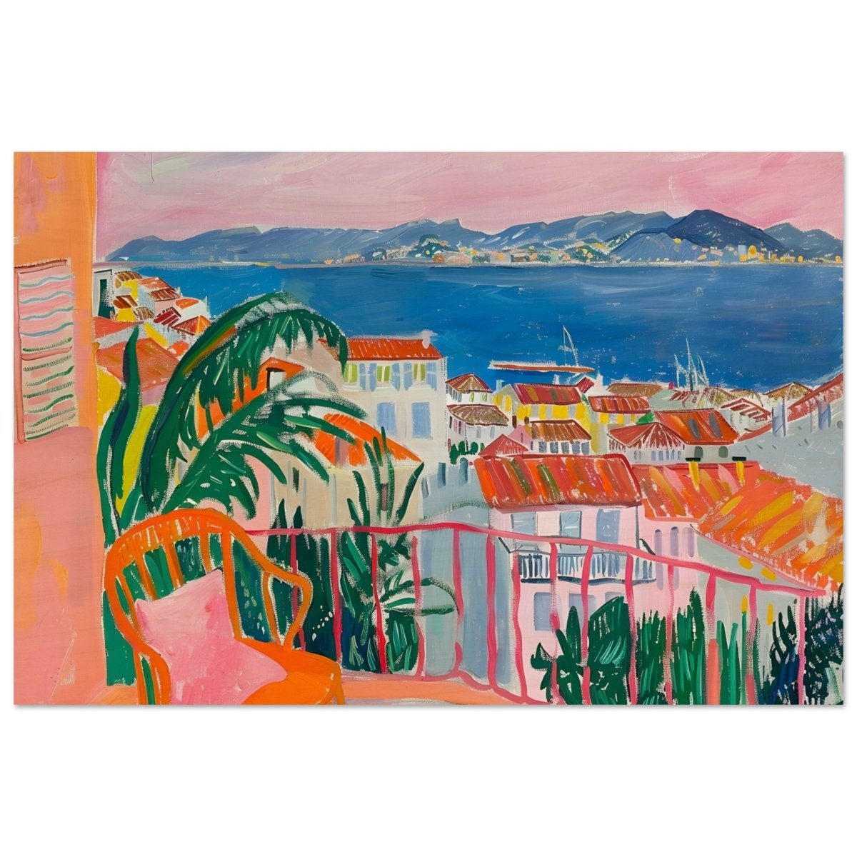 Balcony Dreams: A Coastal Escape | Contemporary Impressionism | wall art print - Wood Prints - 40x60 cm / 16x24″ - 