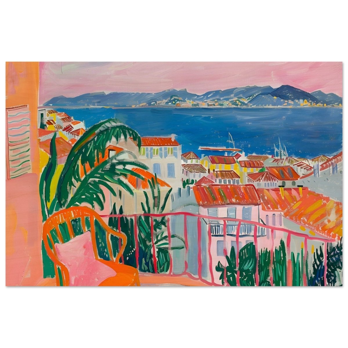 Balcony Dreams: A Coastal Escape | Contemporary Impressionism | wall art print - Wood Prints - 60x90 cm / 24x36″ - 