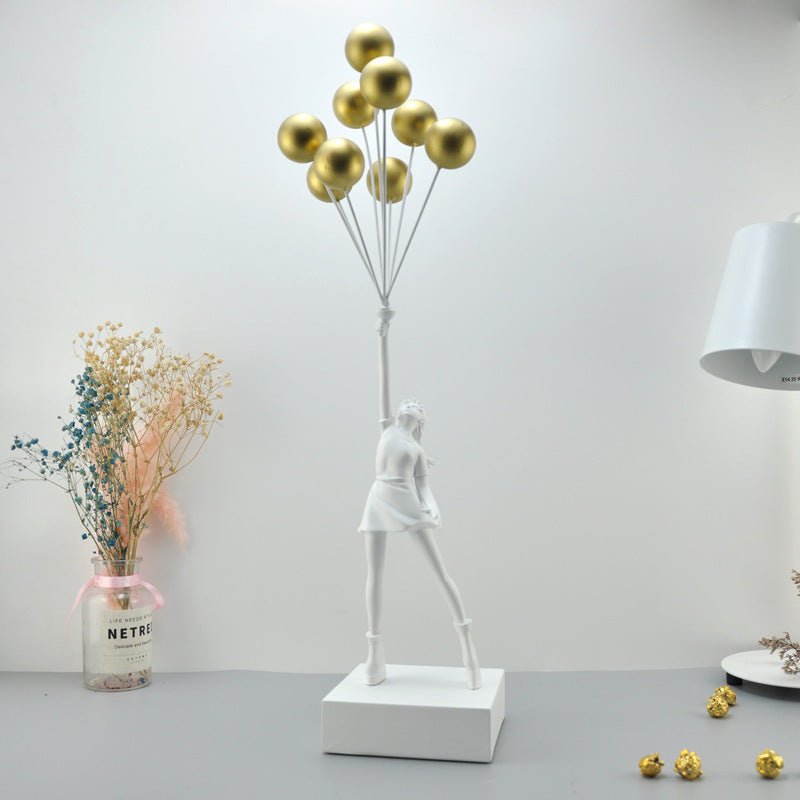 Balloon Girl & Candy Girl Sculptures – Modern Resin Art Décor - White with Golden Balloon - 