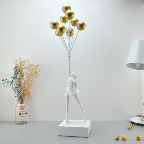 Balloon Girl & Candy Girl Sculptures – Modern Resin Art Décor - White with Golden Balloon - 