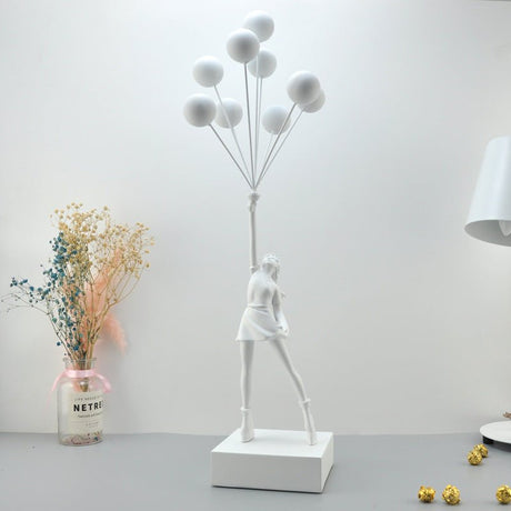 Balloon Girl & Candy Girl Sculptures – Modern Resin Art Décor - White with White Balloon - 