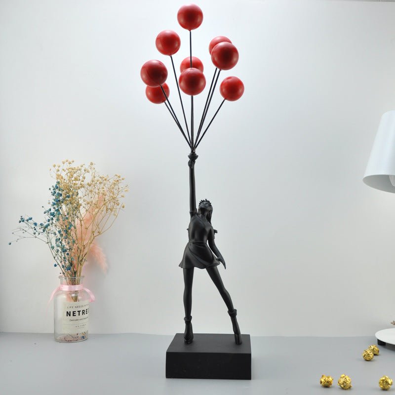Balloon Girl & Candy Girl Sculptures – Modern Resin Art Décor - Black with Red Balloon - 