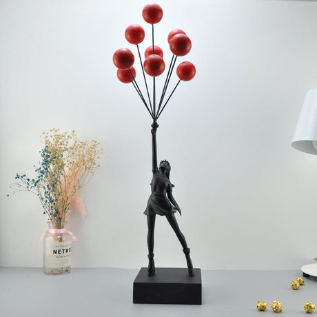 Balloon Girl & Candy Girl Sculptures – Modern Resin Art Décor - Black with Red Balloon - 