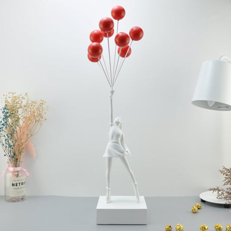 Balloon Girl & Candy Girl Sculptures – Modern Resin Art Décor - White with Red Balloon - 