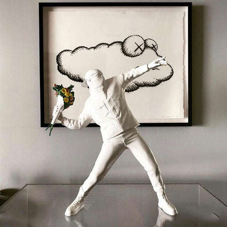 Banksy - Inspired Sculpture – The Flower Thrower Figurine (Large:44cm) - White - 