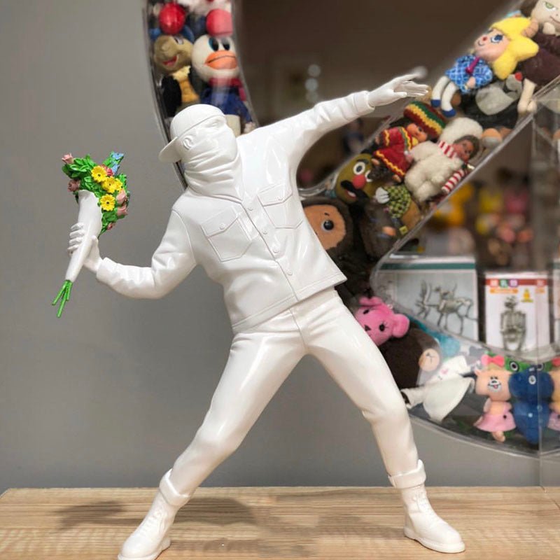 Banksy - Inspired Sculpture – The Flower Thrower Figurine (Large:44cm) - White - 