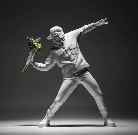 Banksy - Inspired Sculpture – The Flower Thrower Figurine (Large:44cm) - White - 