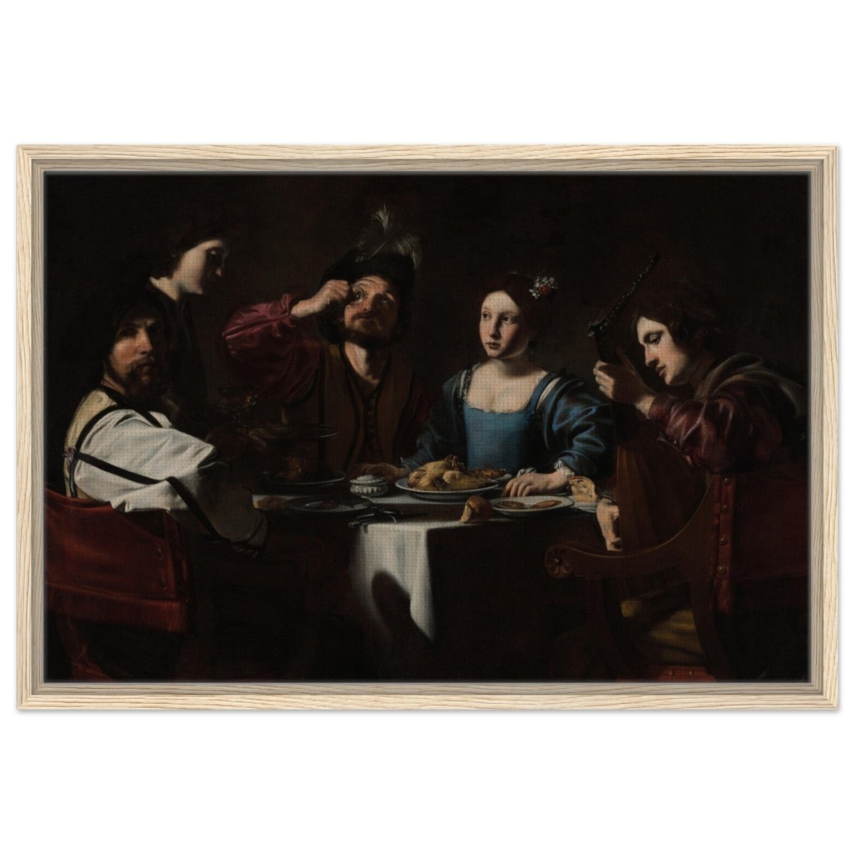 Banquet Scene with a Lute Player by Nicolas Tournier | Vintage Wall art print - Framed Canvas - 50x75 cm / 20x30″ - Wood frame