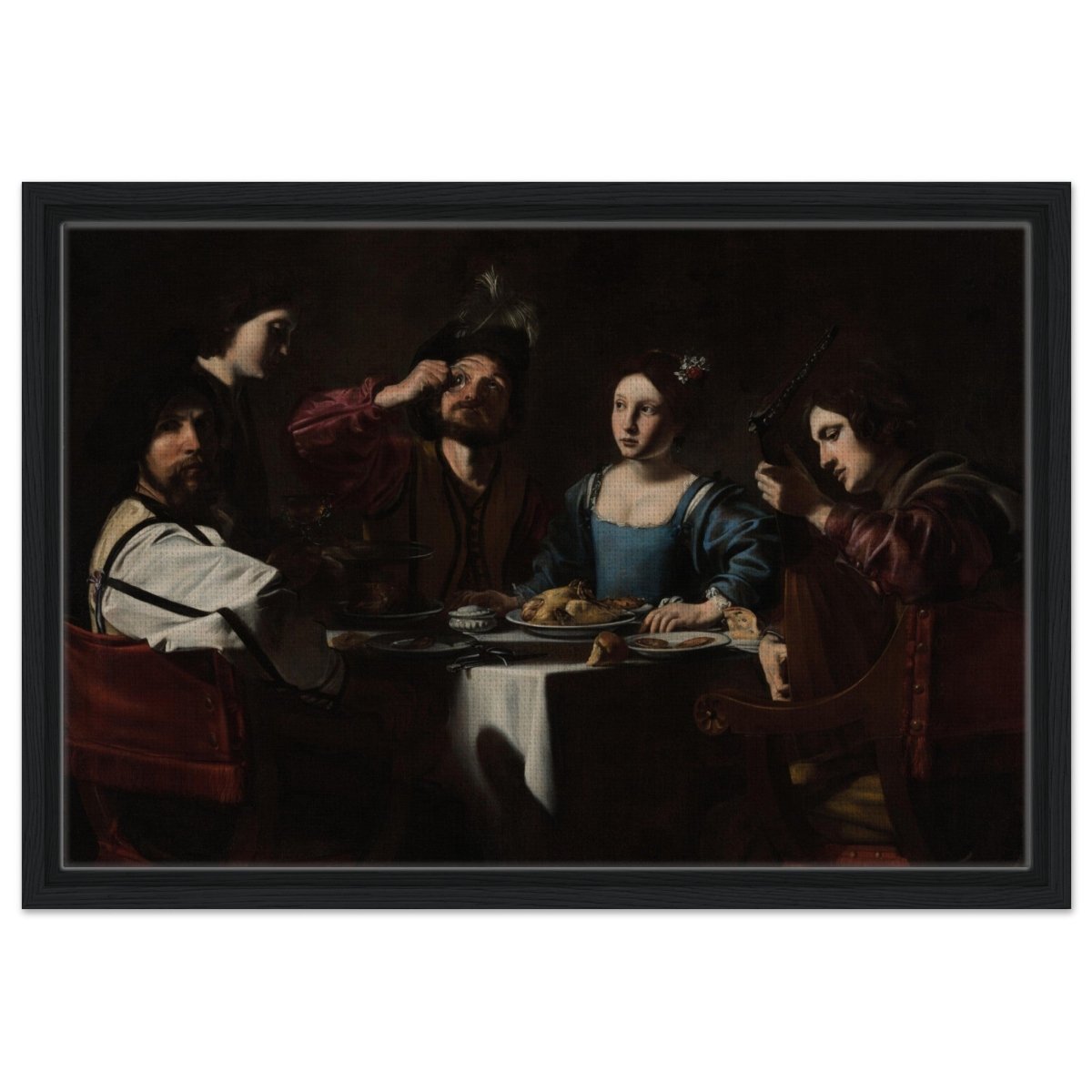 Banquet Scene with a Lute Player by Nicolas Tournier | Vintage Wall art print - Framed Canvas - 40x60 cm / 16x24″ - Black frame