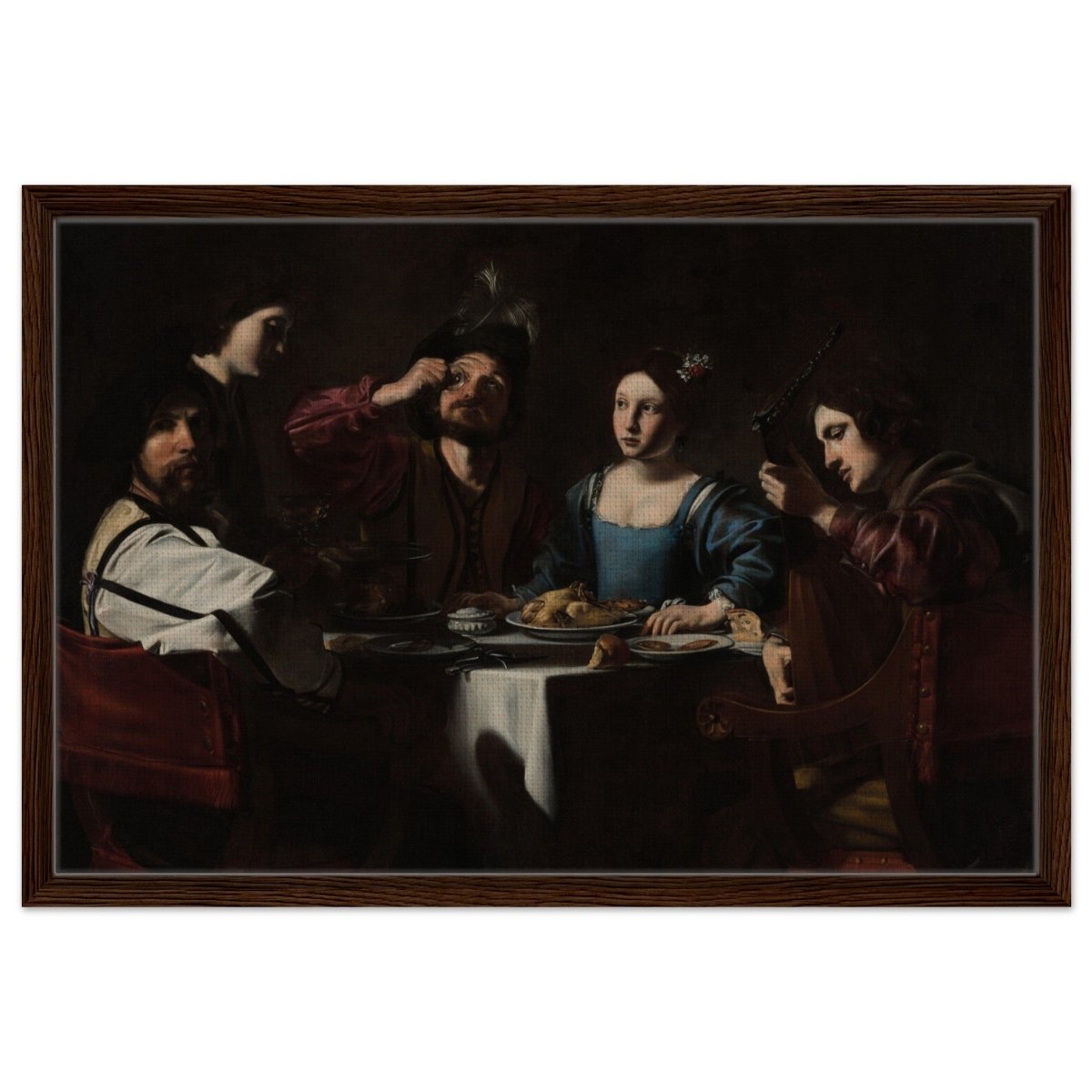 Banquet Scene with a Lute Player by Nicolas Tournier | Vintage Wall art print - Framed Canvas - 50x75 cm / 20x30″ - Dark wood frame