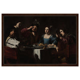 Banquet Scene with a Lute Player by Nicolas Tournier | Vintage Wall art print - Framed Canvas - 60x90 cm / 24x36″ - Dark wood frame
