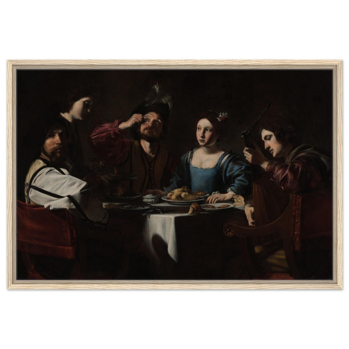 Banquet Scene with a Lute Player by Nicolas Tournier | Vintage Wall art print - Framed Canvas - 60x90 cm / 24x36″ - Wood frame