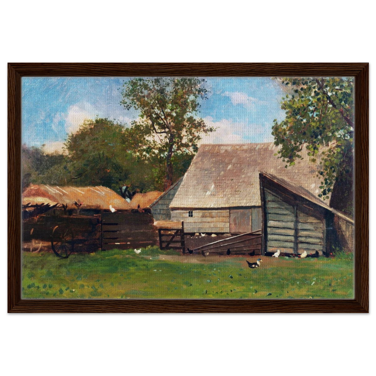 Barnyard Scene – Winslow Homer Rustic Americana Wall Art Print - Framed Canvas - 40x60 cm / 16x24″ - Dark wood frame