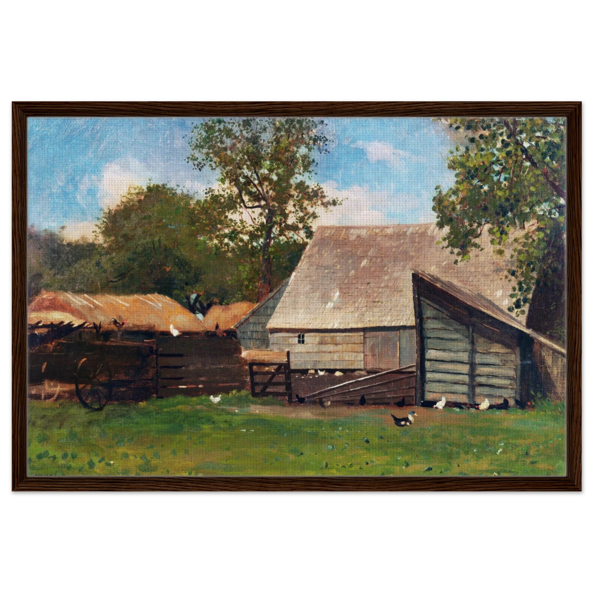 Barnyard Scene – Winslow Homer Rustic Americana Wall Art Print - Framed Canvas - 60x90 cm / 24x36″ - Dark wood frame