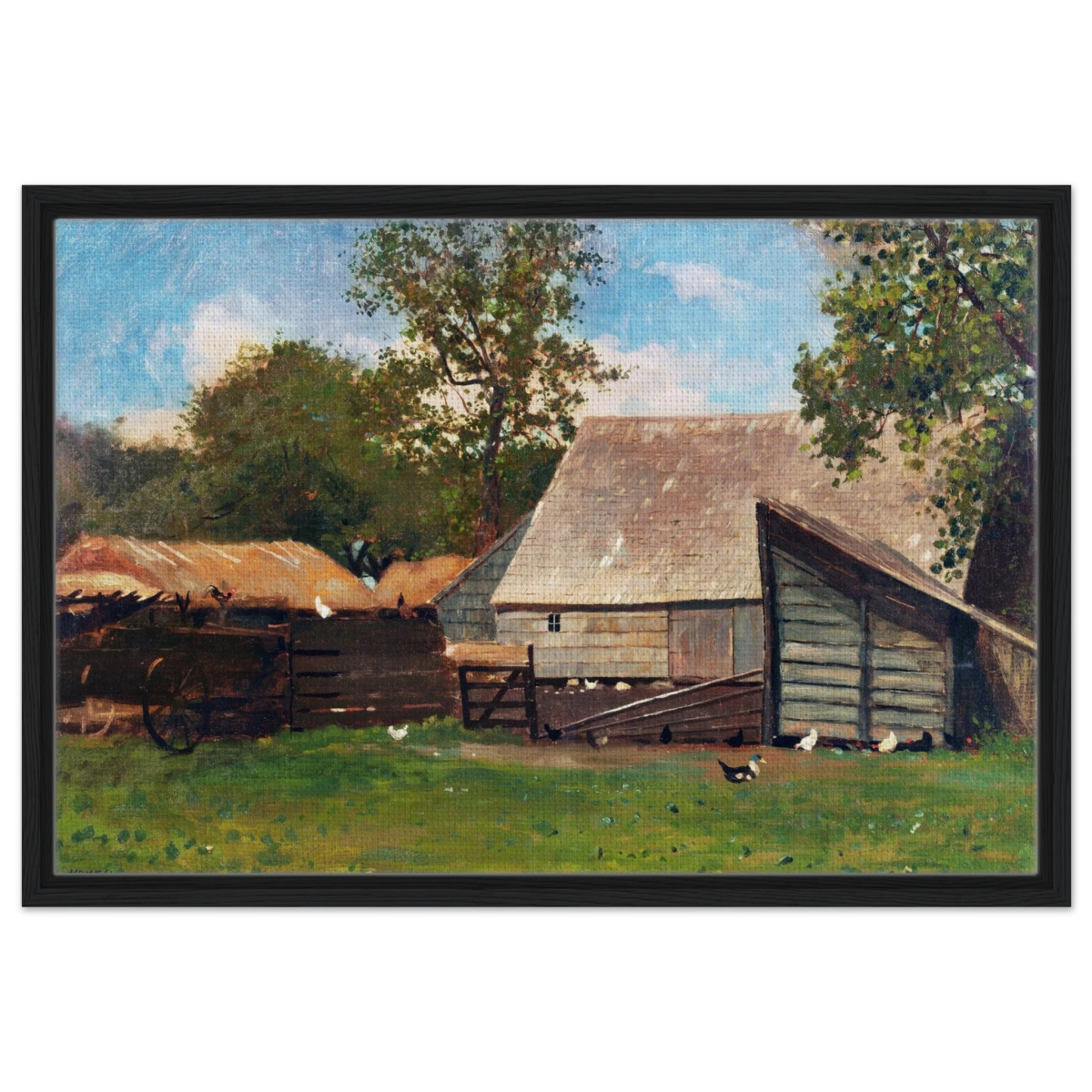 Barnyard Scene – Winslow Homer Rustic Americana Wall Art Print - Framed Canvas - 50x75 cm / 20x30″ - Black frame