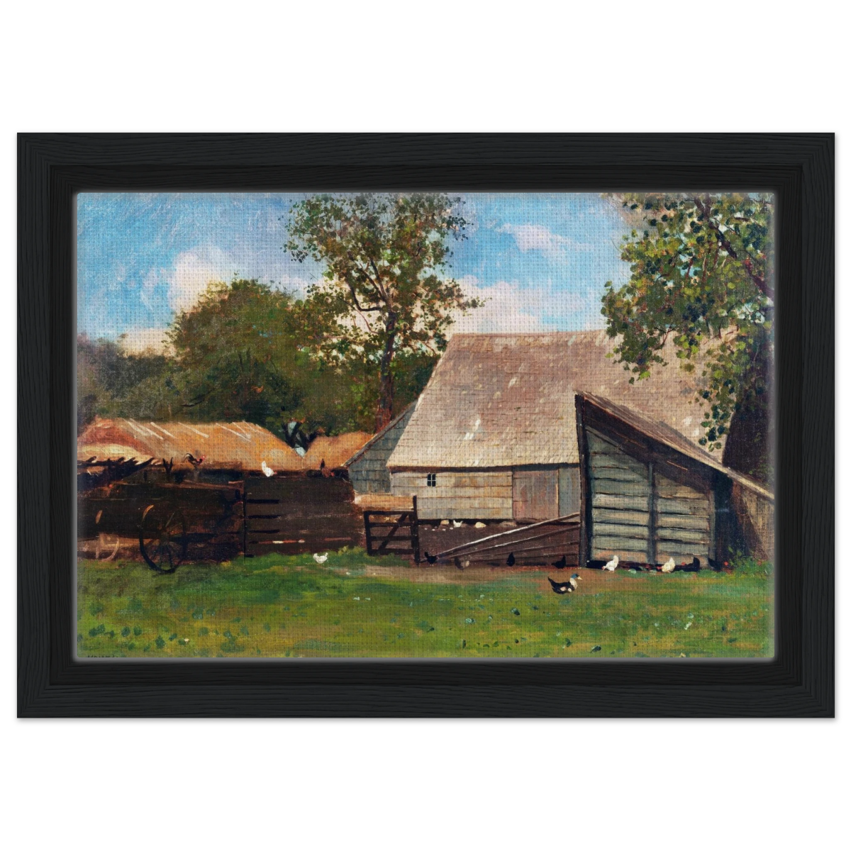 Barnyard Scene – Winslow Homer Rustic Americana Wall Art Print - Framed Canvas - 20x30 cm / 8x12″ - Black frame